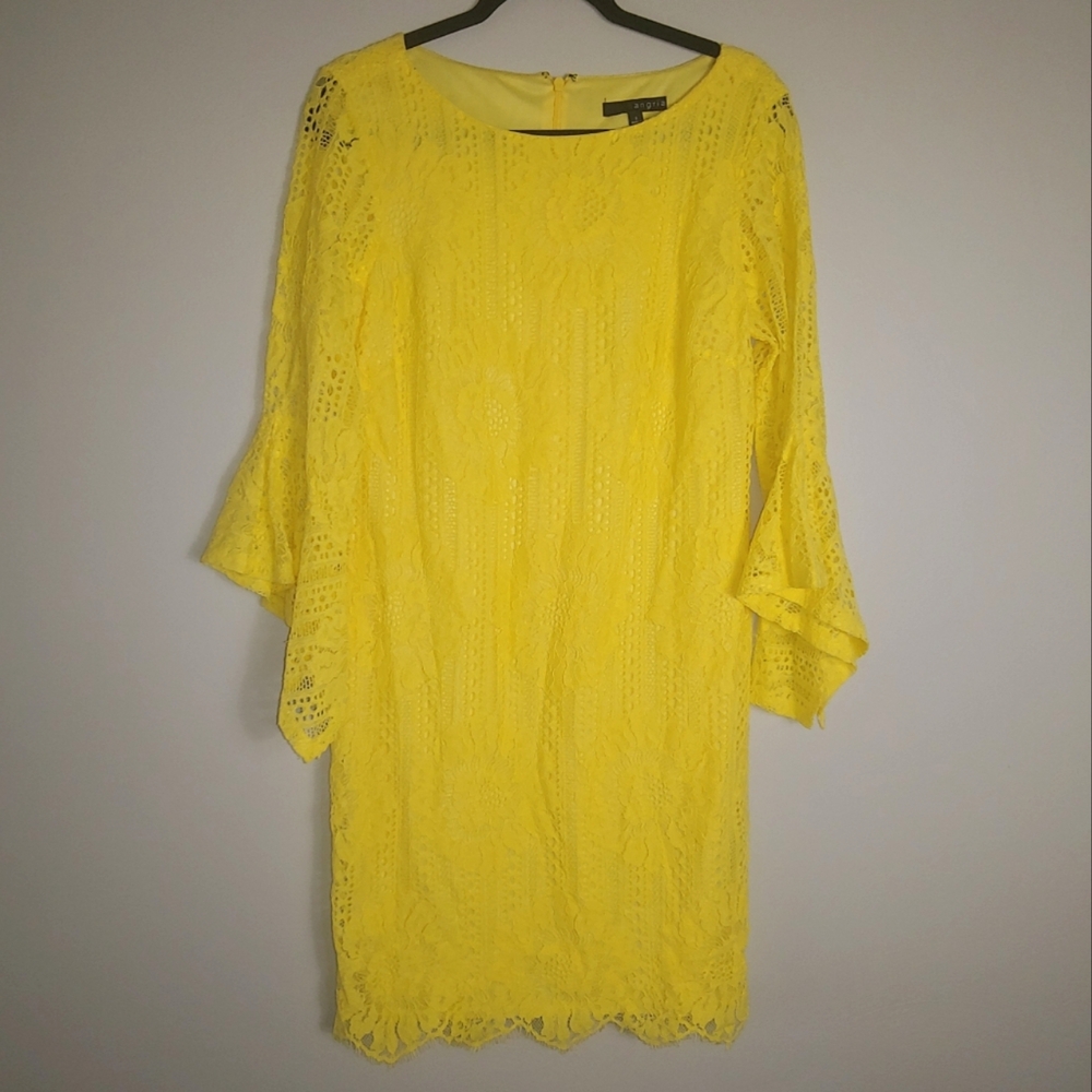 8 Sangria Yellow Lace Bell Sleeve Scalloped Sheath Dress